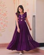 Womenline Wine Color Faux Blooming Embroidered work Gown