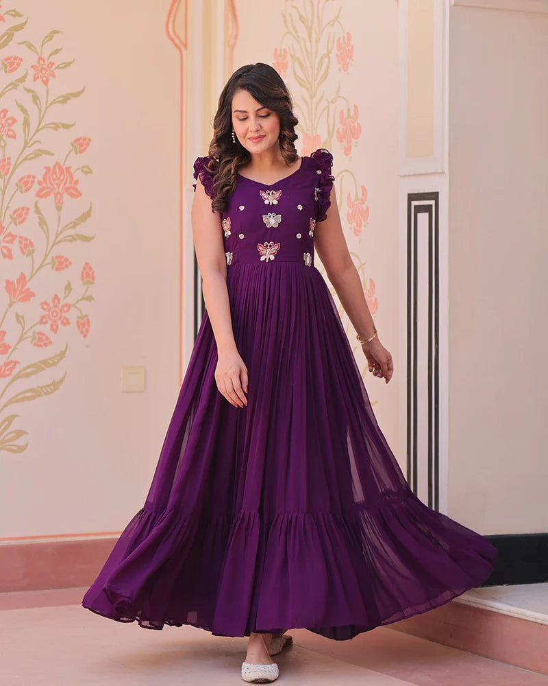 Womenline Wine Color Faux Blooming Embroidered work Gown