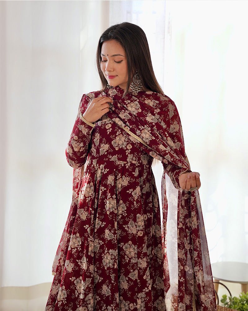 Womenline Dark Maroon Color Georgette Three Piece Anarkali Suit