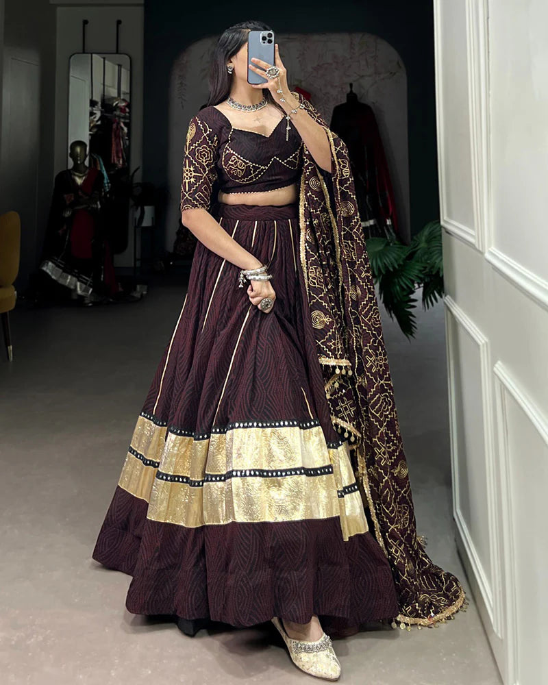 Womenline Brown Color Georgette Navratri Lehenga Choli