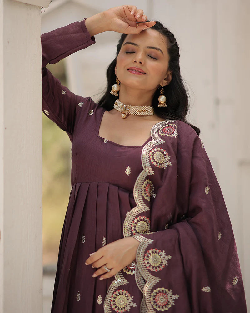 Womenline Onion Color Vichitra Shimmer Sequence Embroidered Gown
