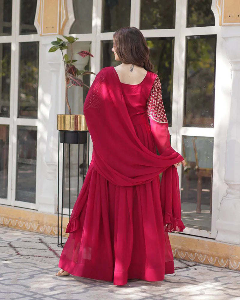 Womenline Rani Pink Color Faux Blooming Georgette Gown With Embroidered Dupatta