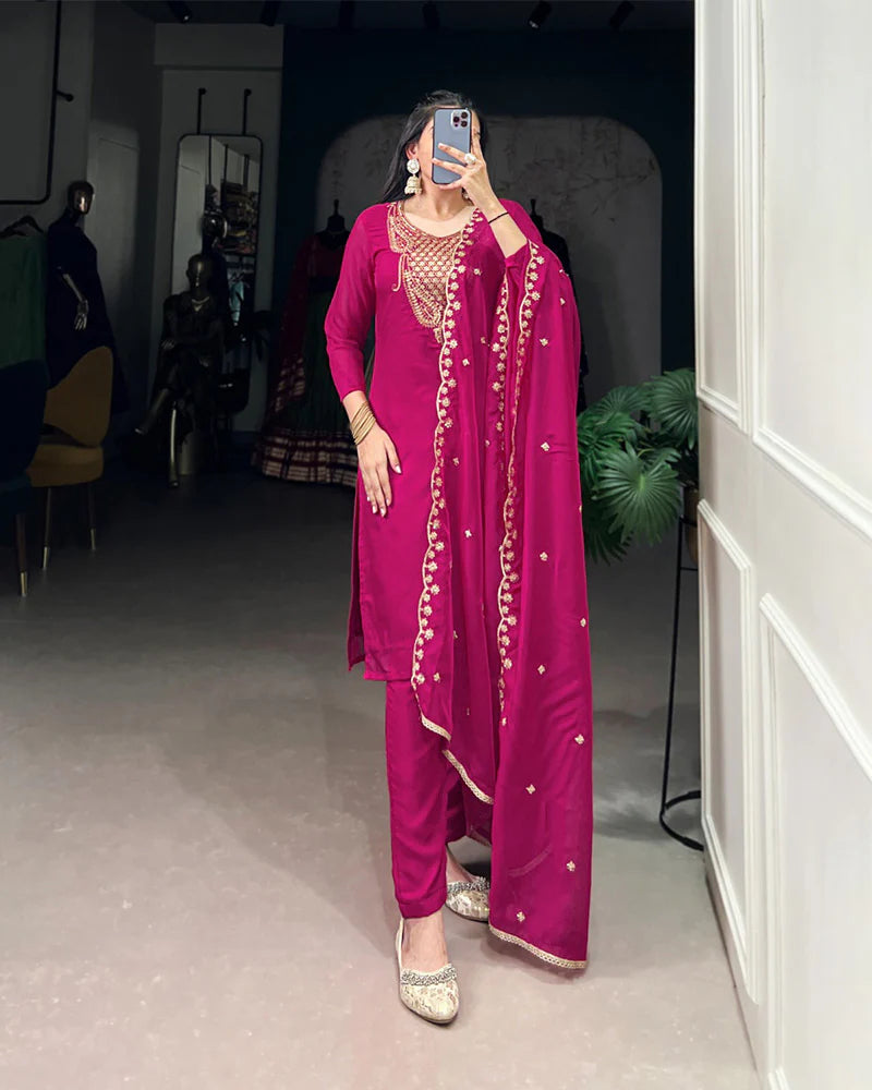 Womenline Pink Color Organza Three Piece Kurti Suit