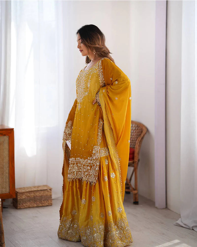 Womenline Yellow Color Chinnon Sequence Work Plazzo Suit