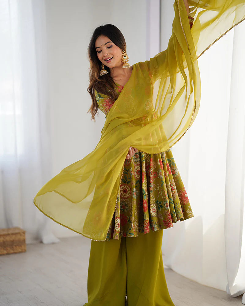 Womenline Mehndi Color Roman Silk Discharge Printed Plazzo Suit