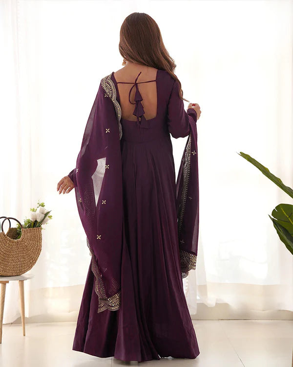 Womenline Beautiful Wine Color Pure Chanderi Silk Three Piece Anarkali Suit