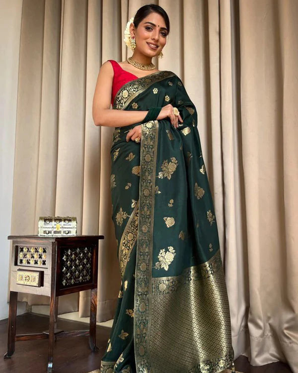 Womenline Dark Green Color Big Flower Design Banarasi Soft Silk Saree