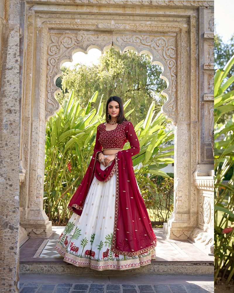 Womenline White Color Georgette Sequence Embroidered Lehenga Choli