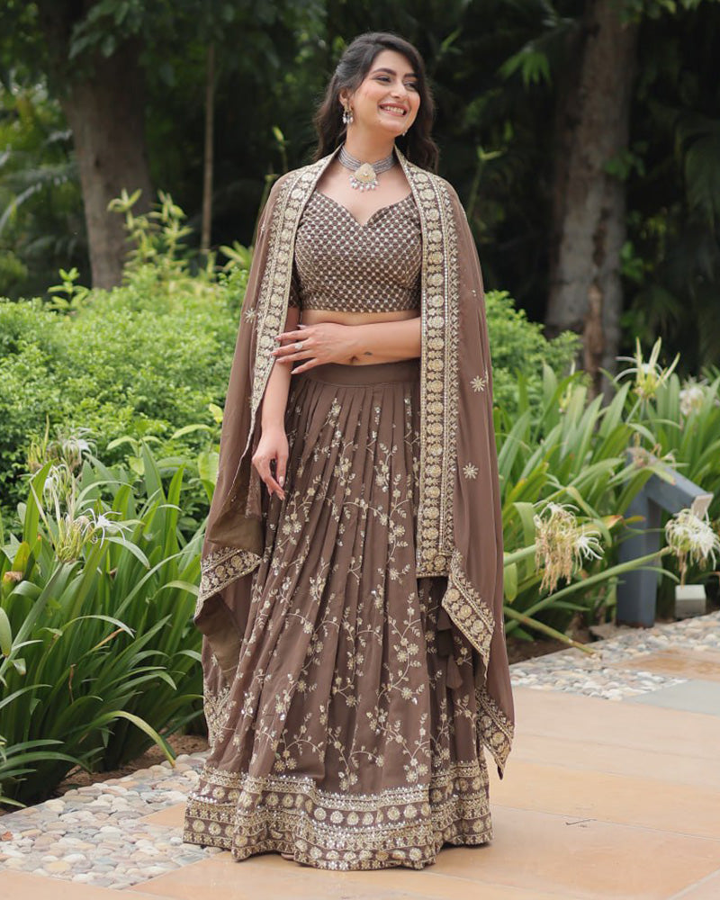 Womenline Brown Color Designing Blooming Lehenga Choli