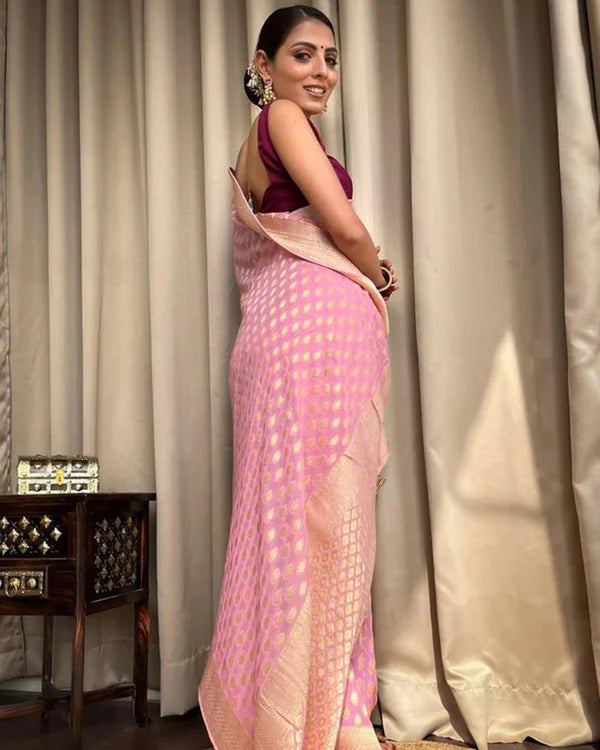Womenline Beautiful Baby Pink Color Banarasi Jacquard Weaving Saree