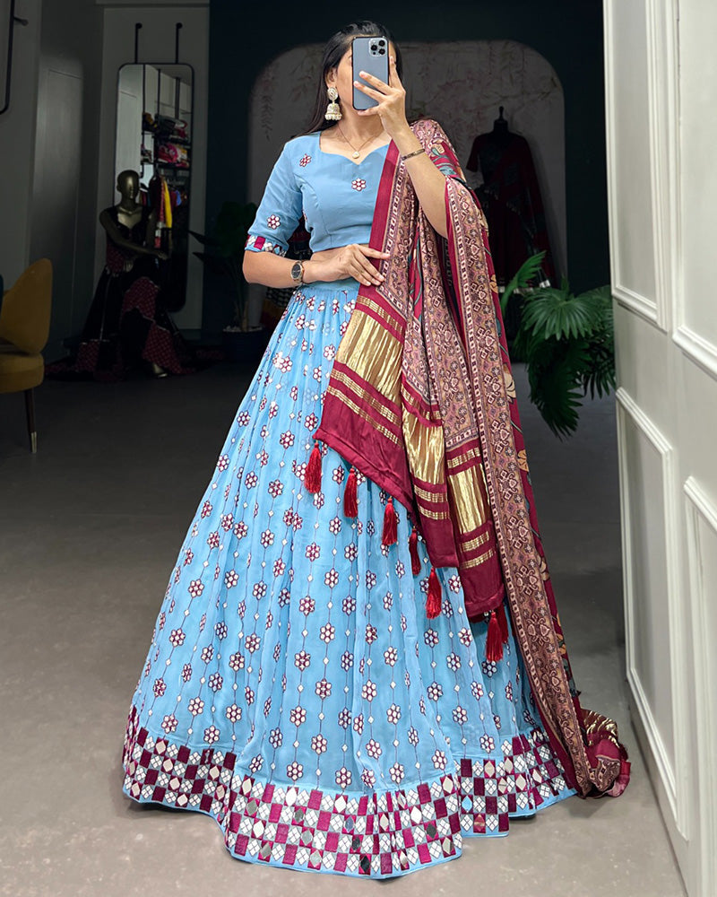 Womenline Sky Blue Color Georgette Designing Lehenga Choli