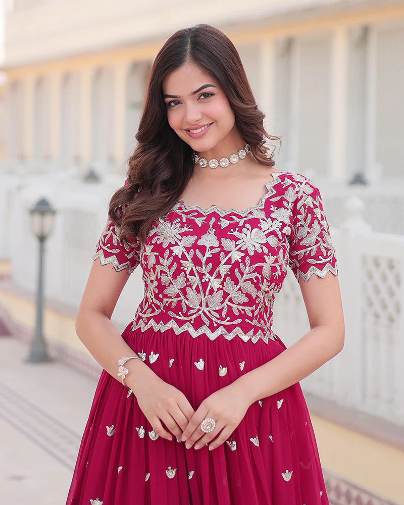 Womenline Rani Pink Color Faux Blooming Sequins Embroidered Anarkali Gown