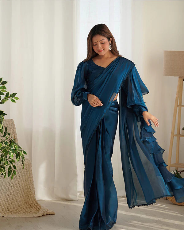 Womenline Teal Blue Color Soft Organza Saree