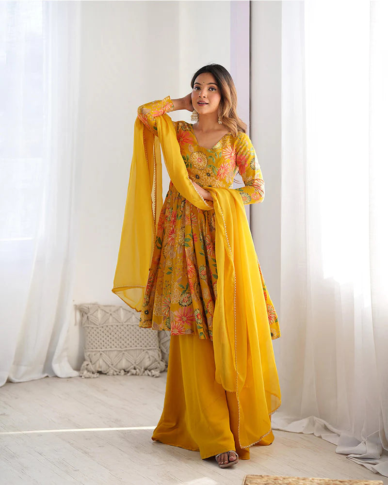 Womenline Mustard Color Roman Silk Discharge Printed Plazzo Suit