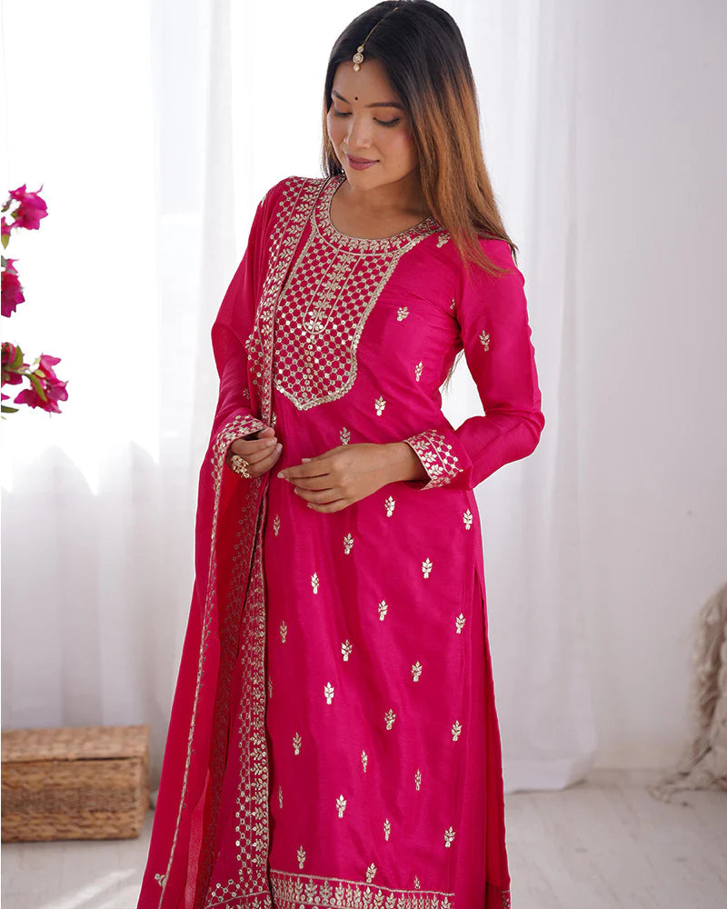 Womenline Rani Pink Color Chinon Silk Three Piece Kurti Suit
