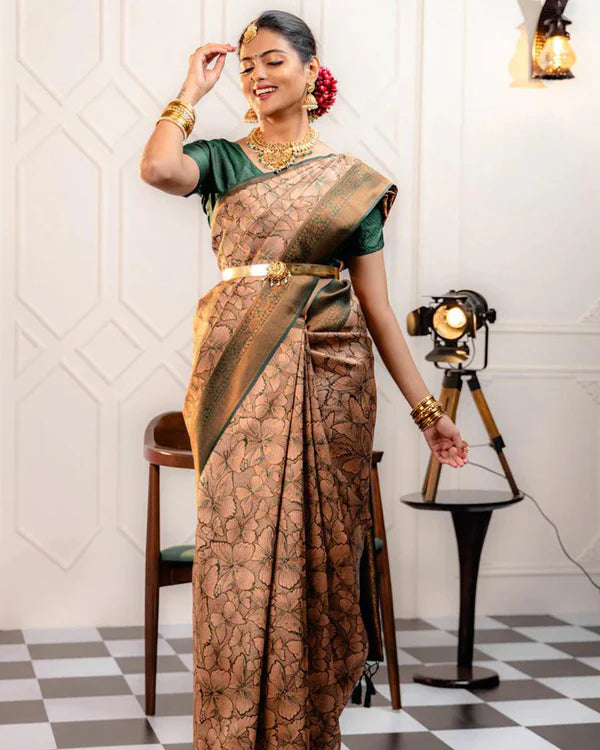 Womenline Cream Color Banarasi Jacquard Soft Silk Saree