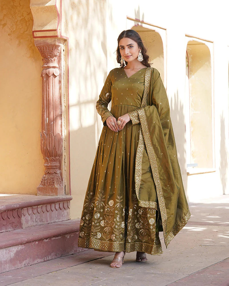 Womenline Designer Mehndi Color embroidered Viscose Cosmos Gown With Dupatta