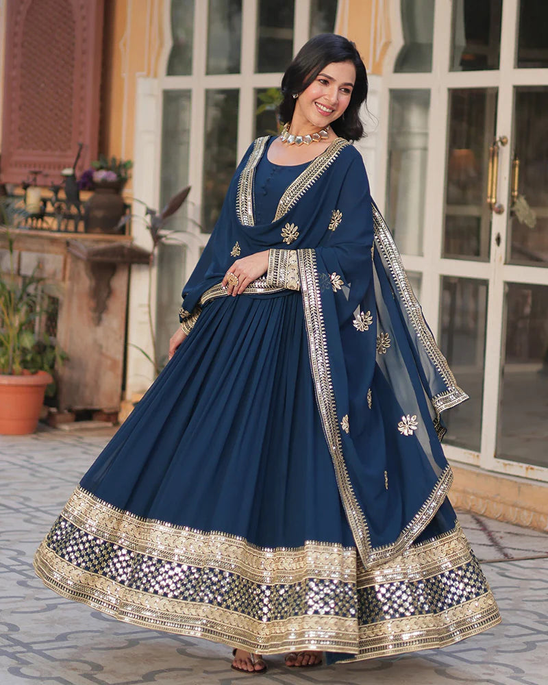 Womenline Rama Color Faux Blooming Zari Embroidered Work Gown