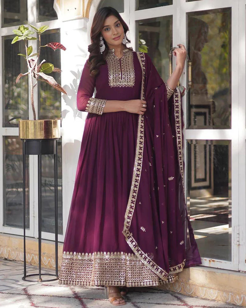 Womenline Wine Color Faux Blooming Rich Embroidered Work Gown