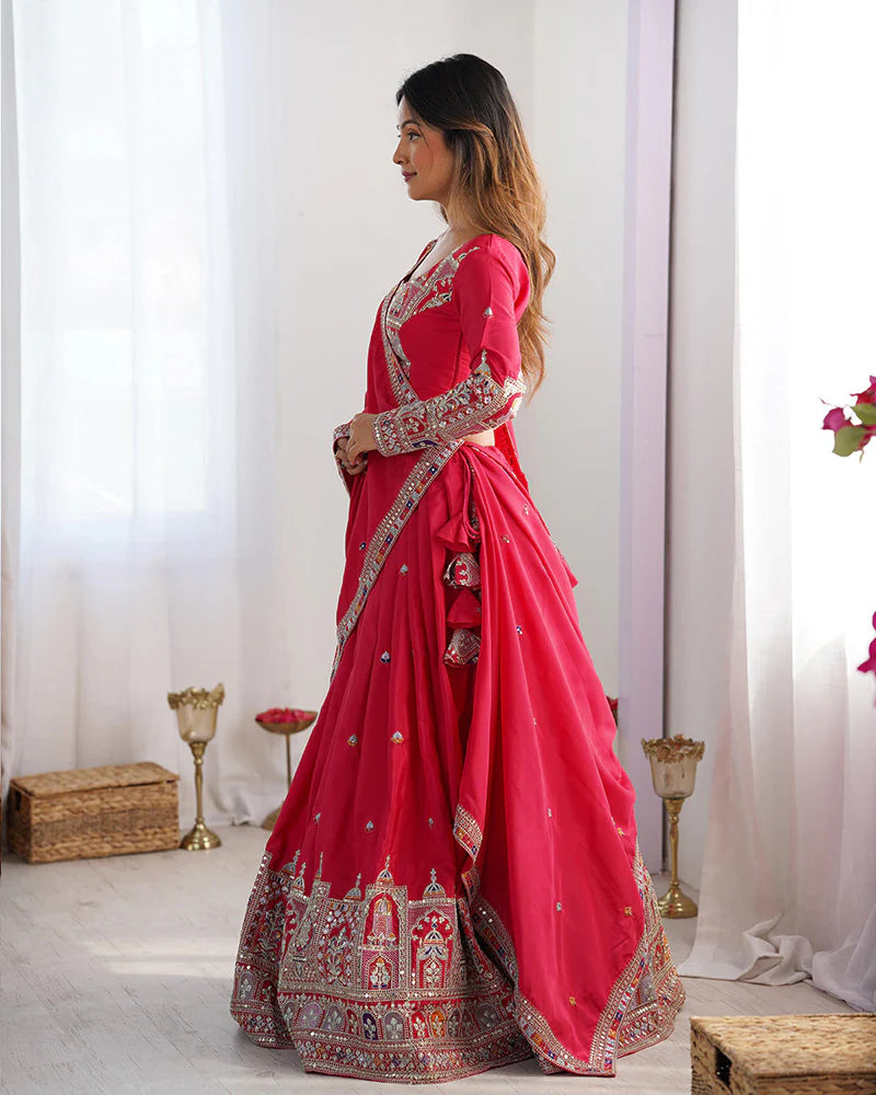Womenline Tomato Color Natural Crepe silk Lehenga Choli