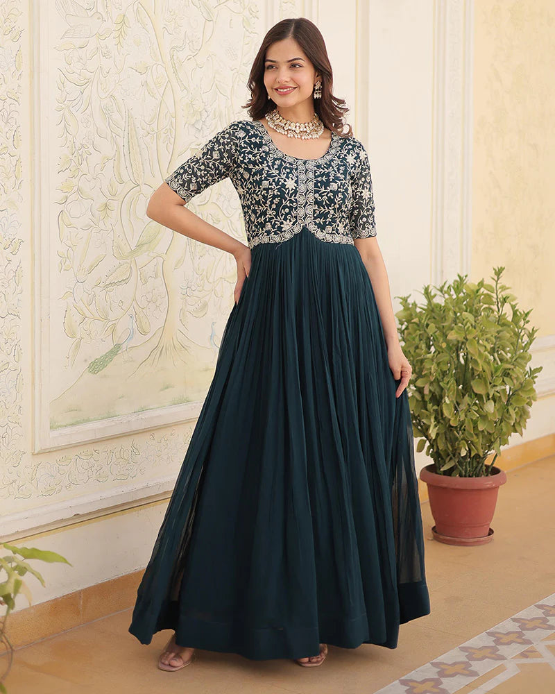 Womenline Rama Color Faux Blooming Zari sequence Embroidered Gown