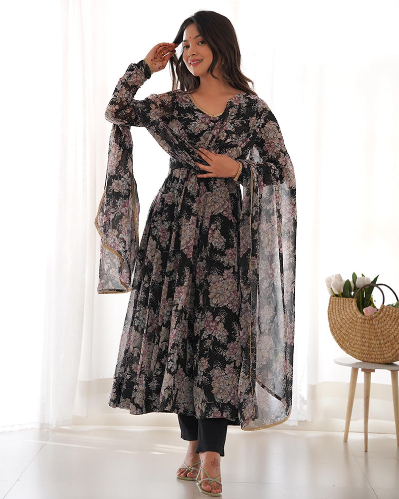 Womenline Black Color Georgette Three Piece Anarkali Suit