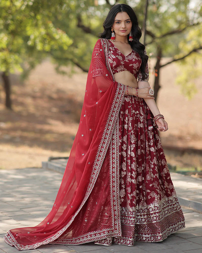 Womenline Maroon Color Pure Viscose Jacquard Lehenga Choli