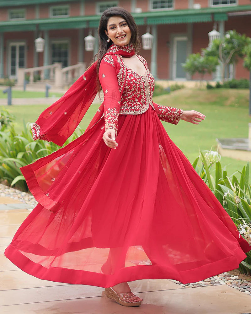 Womenline Pink Color Faux Blooming Multi Embroidered Work Gown