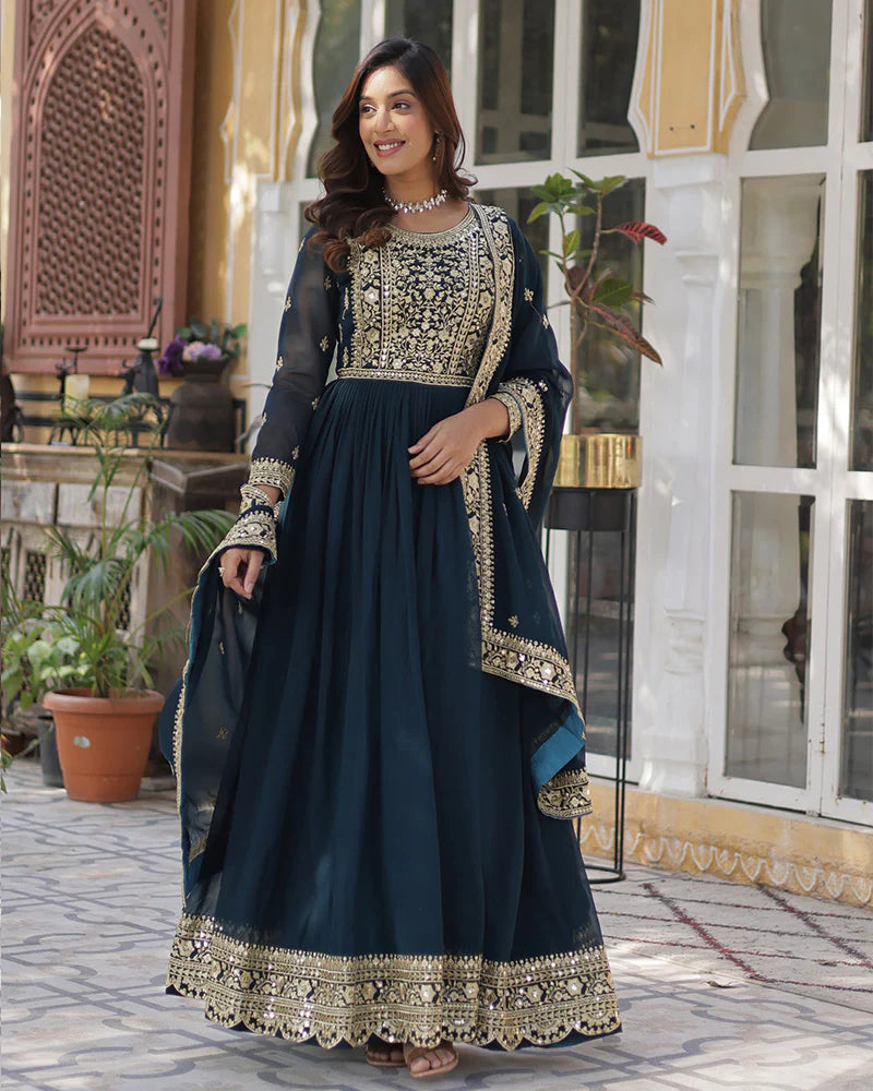 Womenline Rama Color Faux Blooming Embroidered Gown