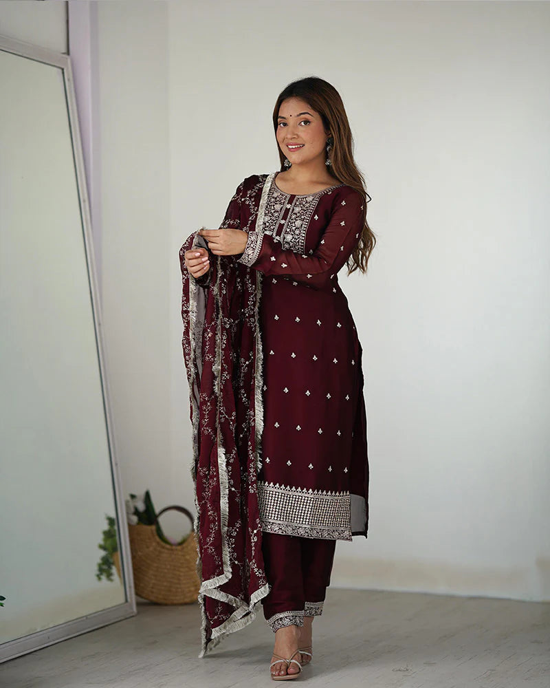 Womenline Maroon Color Rangoli Silk Three Piece Kurti Suit