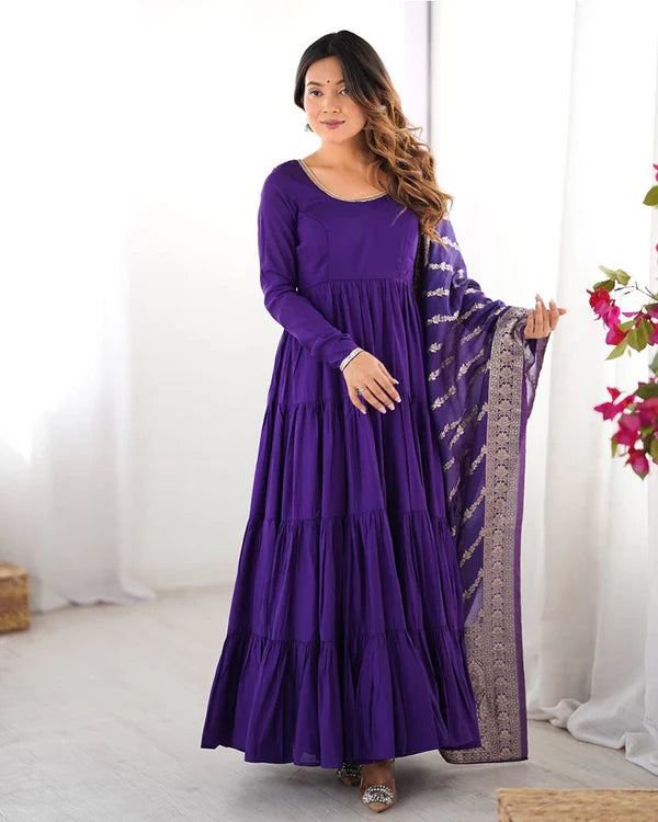Womenline Purple Color Pure Roman Silk Ruffle Style Anarkali Suit