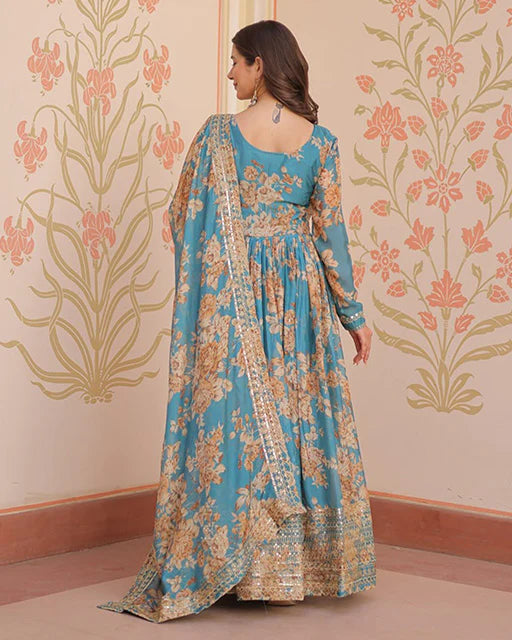 Womenline Sky Blue Color Russian Silk Embroidered Gown