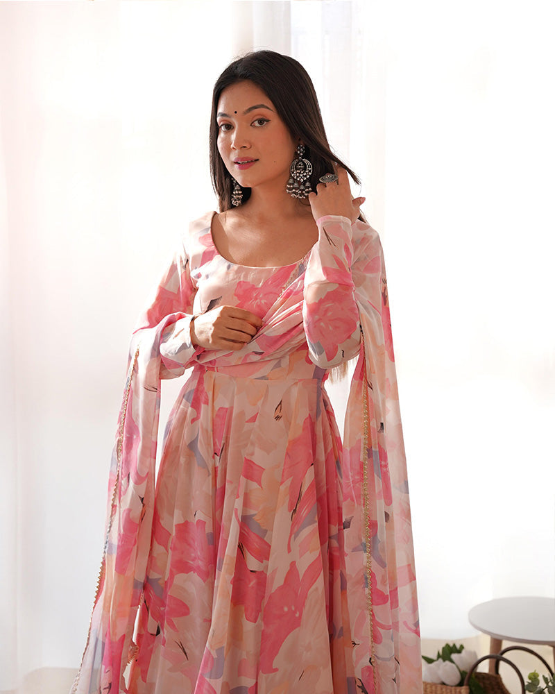 Womenline Beautiful Baby Pink Multi Color Georgette Three Piece Anarkali Suit