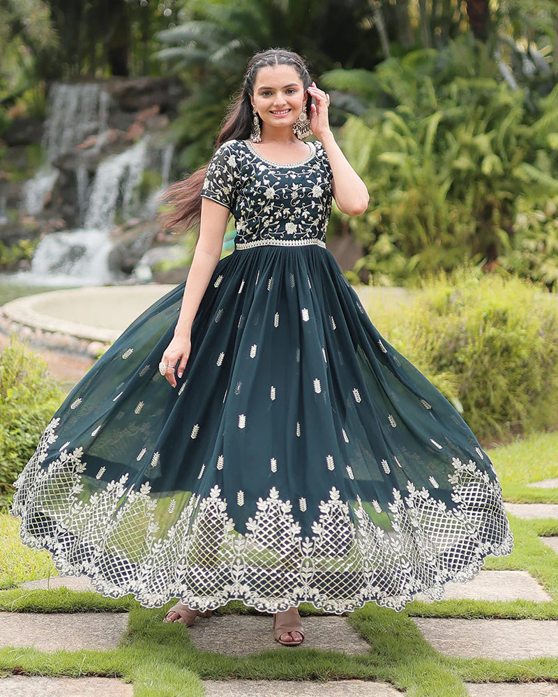 Womenline Mehndi Color Faux Blooming Embroidered Gown