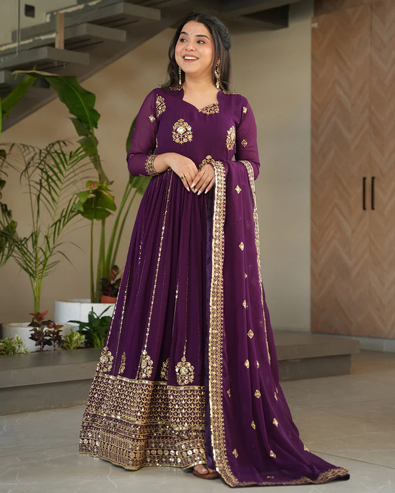 Womenline Royal Purple Color Designer Golden Embroidered Gown