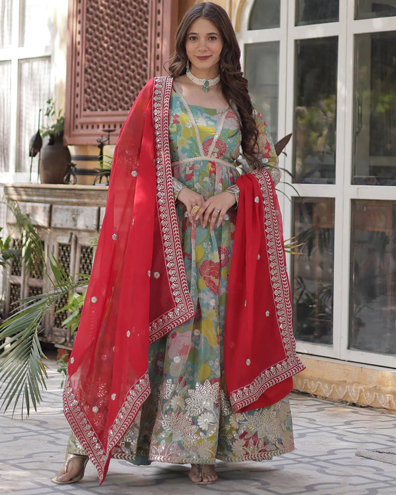 Womenline Lime Green Color Alia Cut Embroidered Gown With Dupatta