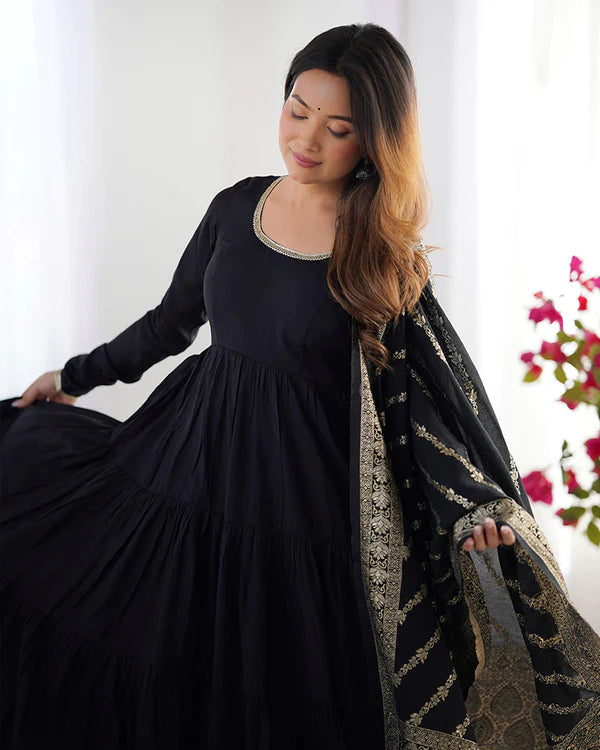 Womenline Black Color Pure Roman Silk Ruffle Style Anarkali Suit