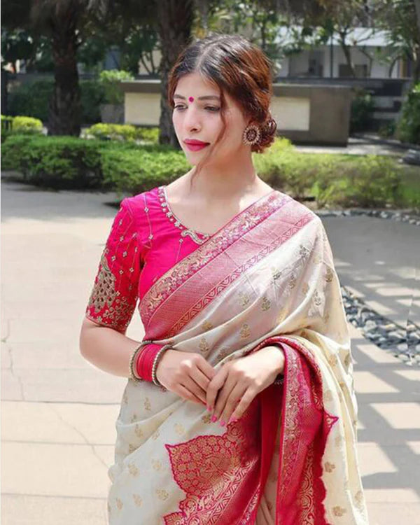 Womenline Pink And Cream Color Banarasi Jacquard Soft Silk Saree