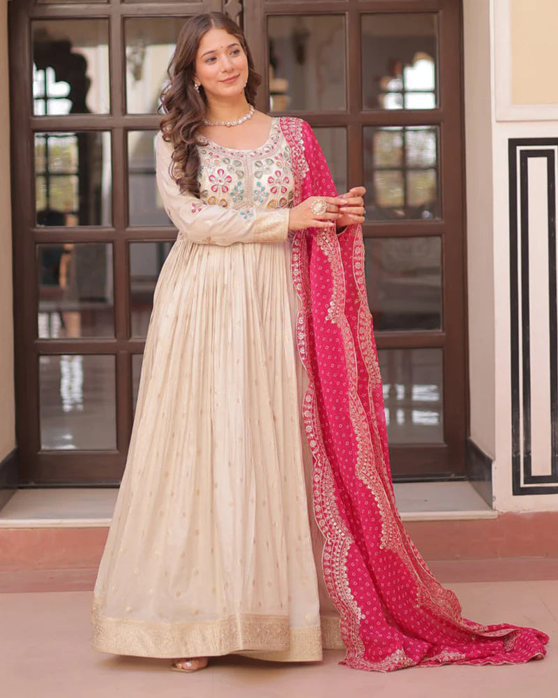 Womenline Off-White Color Jacquard Gown With Pink Dupatta