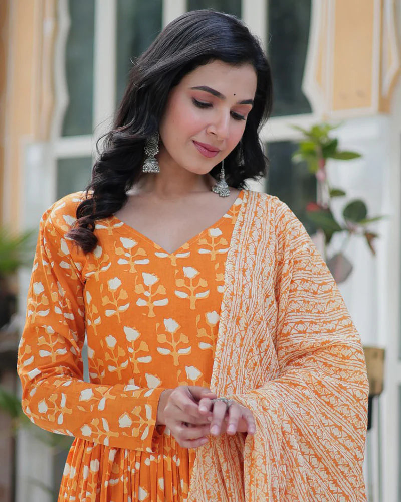 Womenline Orange Color Printed Pure Cotton Three Piece Kurti Suit