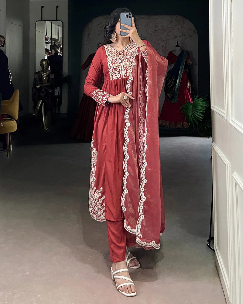 Womenline Rust Orange Color Maska Cotton Three Piece Kurti Suit