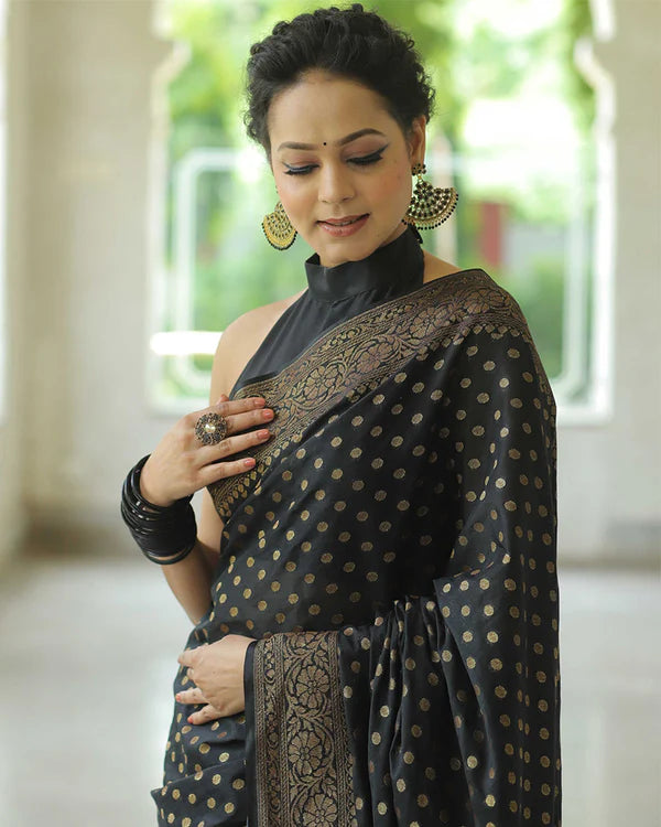 Womenline Black Color Banarasi Jacquard Soft Silk Saree