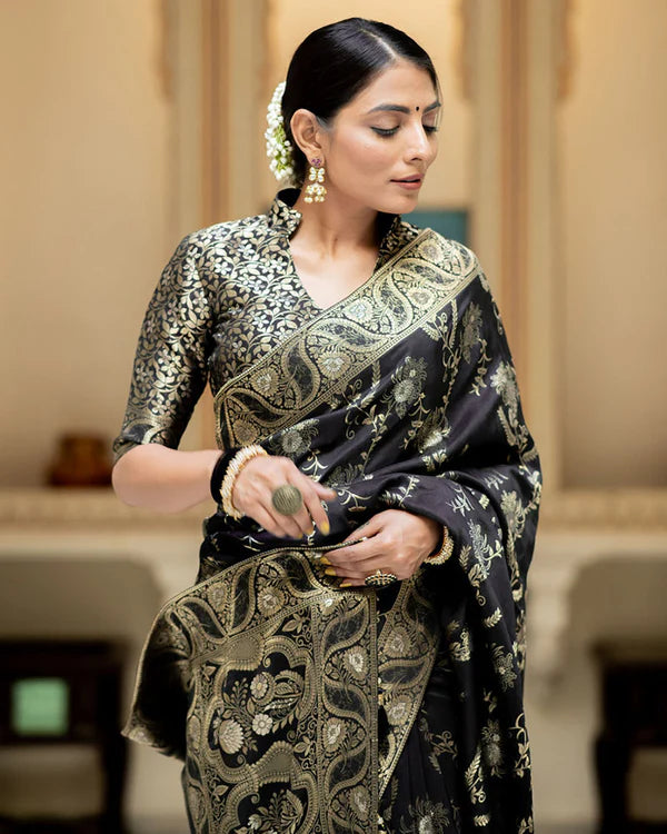 Womenline Black Color Banarasi Jacquard Zari Weaving Saree