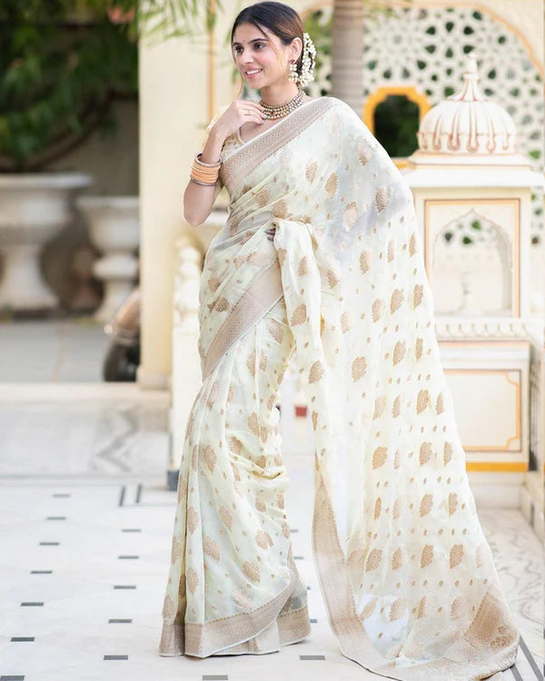 Womenline White Color Banarasi All over Jacquard Soft Silk Saree