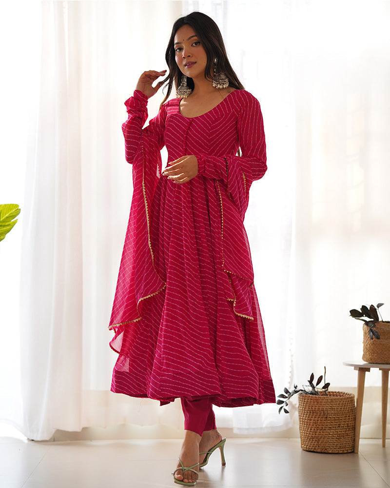 Womenline Rani Pink Color Laheriya Print Georgette Three Piece Anarkali Suit