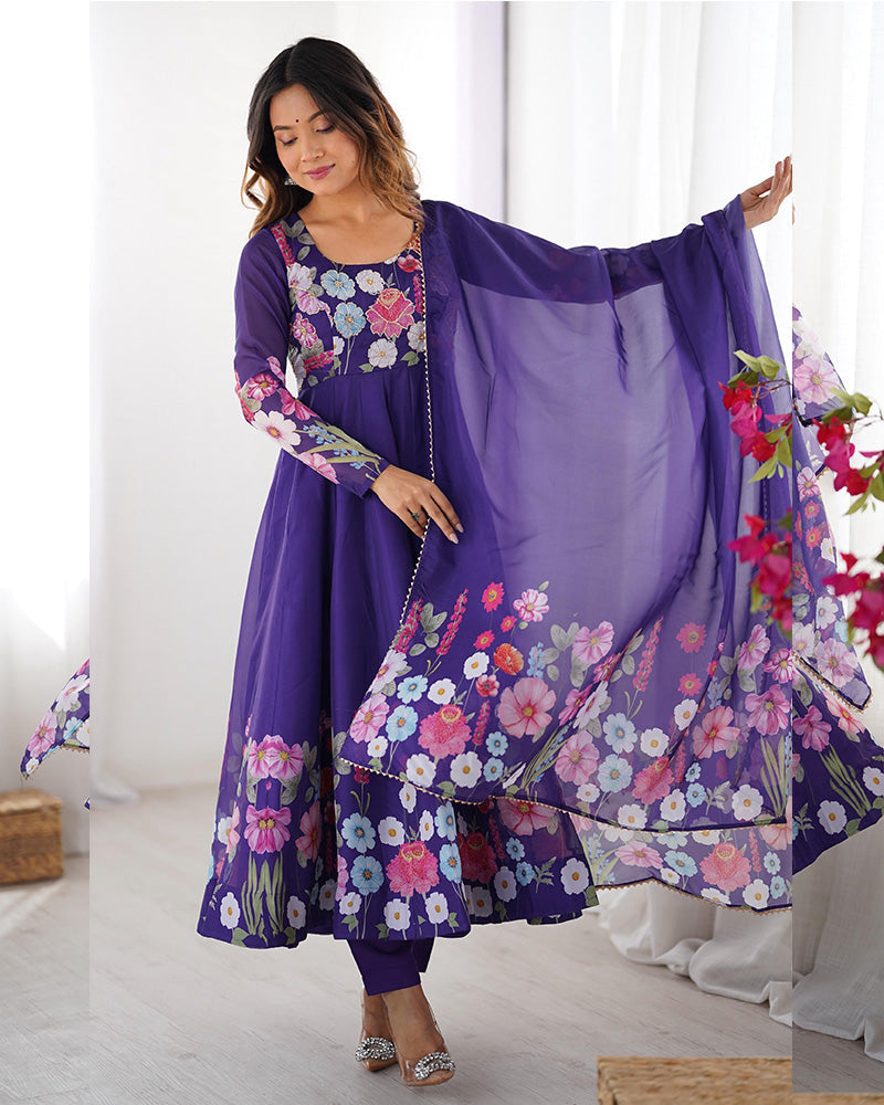 Womenline Purple Color Floral Print Organza Three Piece Anarkali Suit