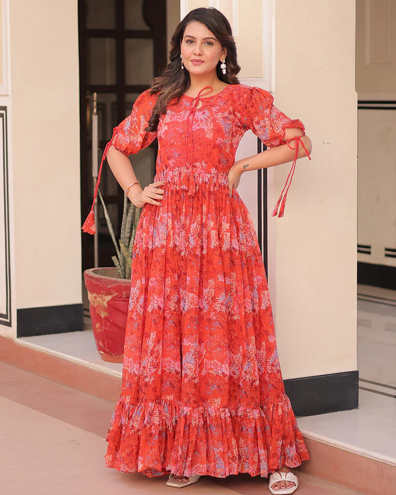 Womenline Orange Color Georgette Printed Gown