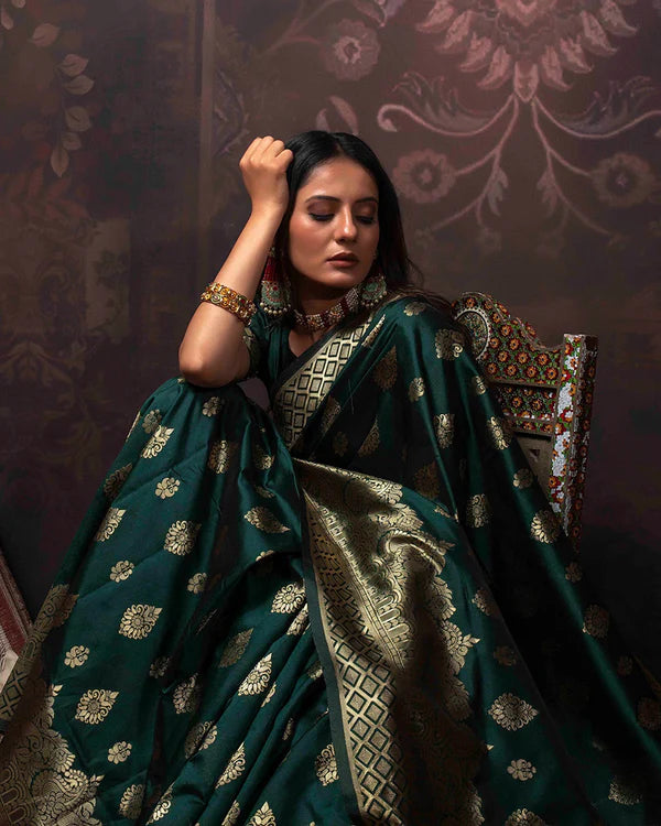 Womenline Dark Green Color Banarasi Jacquard Soft Silk Saree