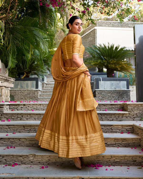 Womenline Mustard Color Pure Chanderi Plain Half Saree