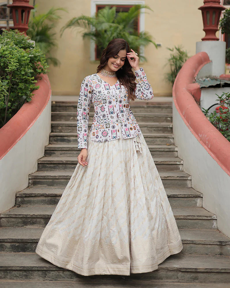 Womenline White Color Viscose jacquard Crop Top Lehenga Choli